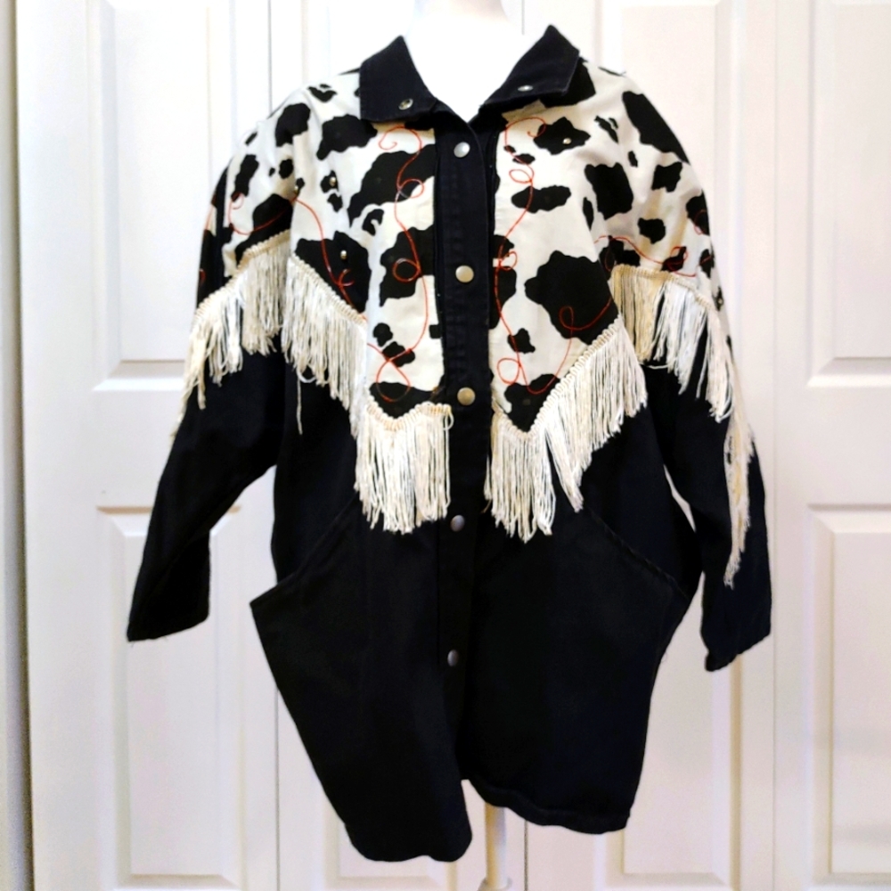 L-XL 1980s Quacker factory black denim embellished jacket, good condition
